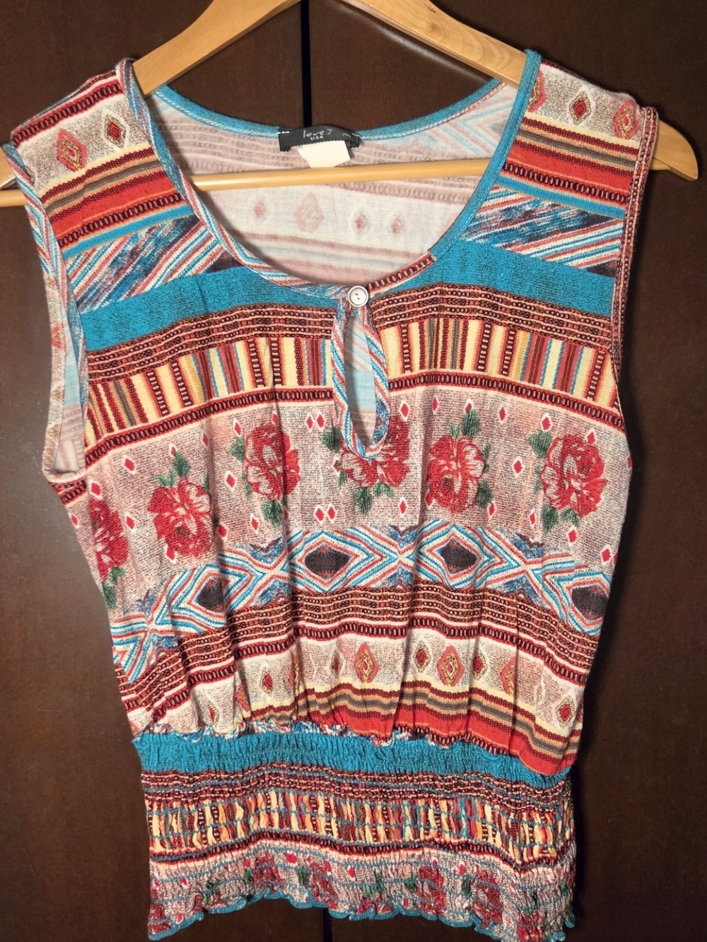 Multicolor Floral & Stripe Tank Top - Turquoise & Red Women Size Medium Juniors'